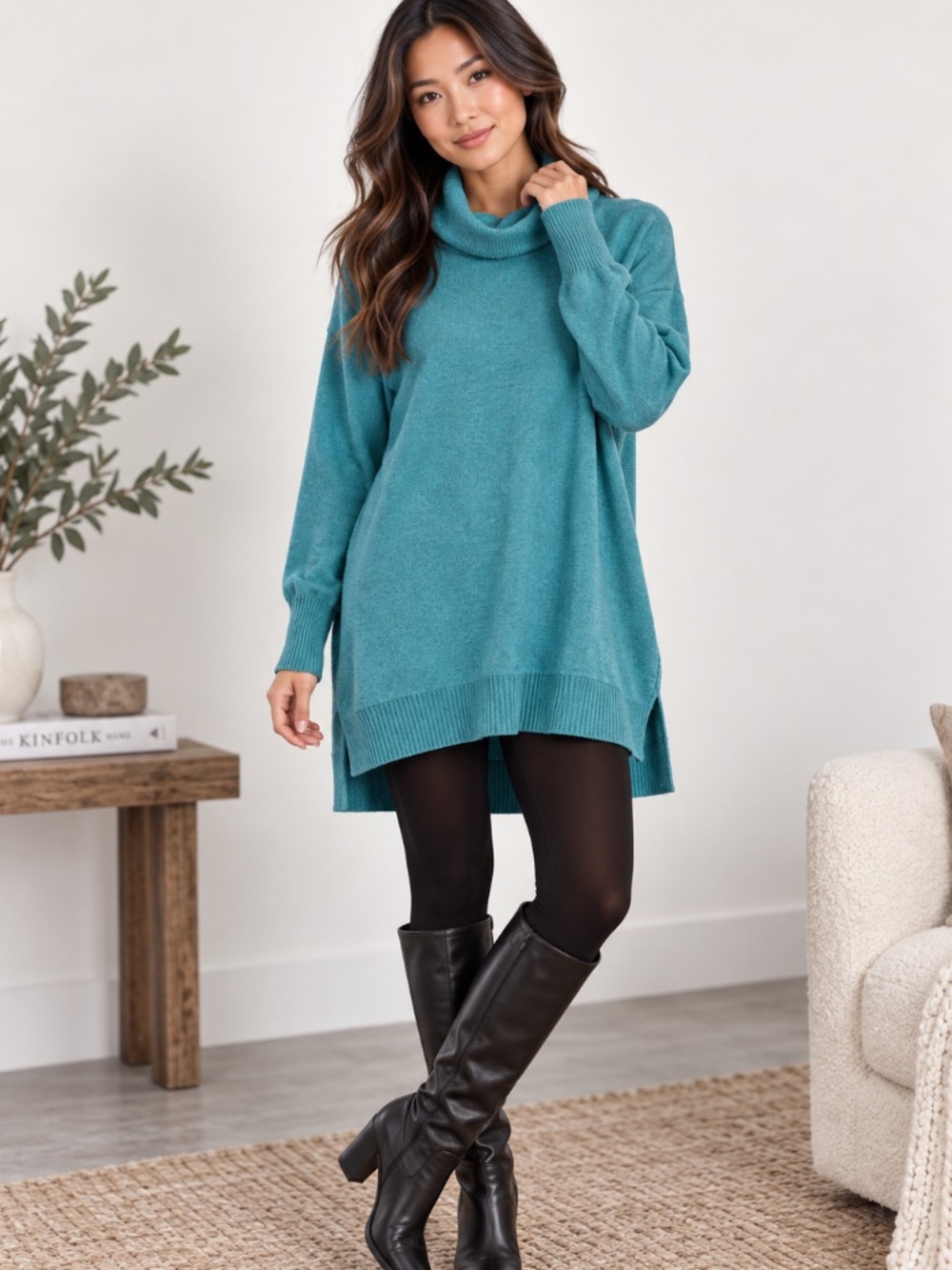 Soft Surroundings teal ribbed mock-neck tunic sweater